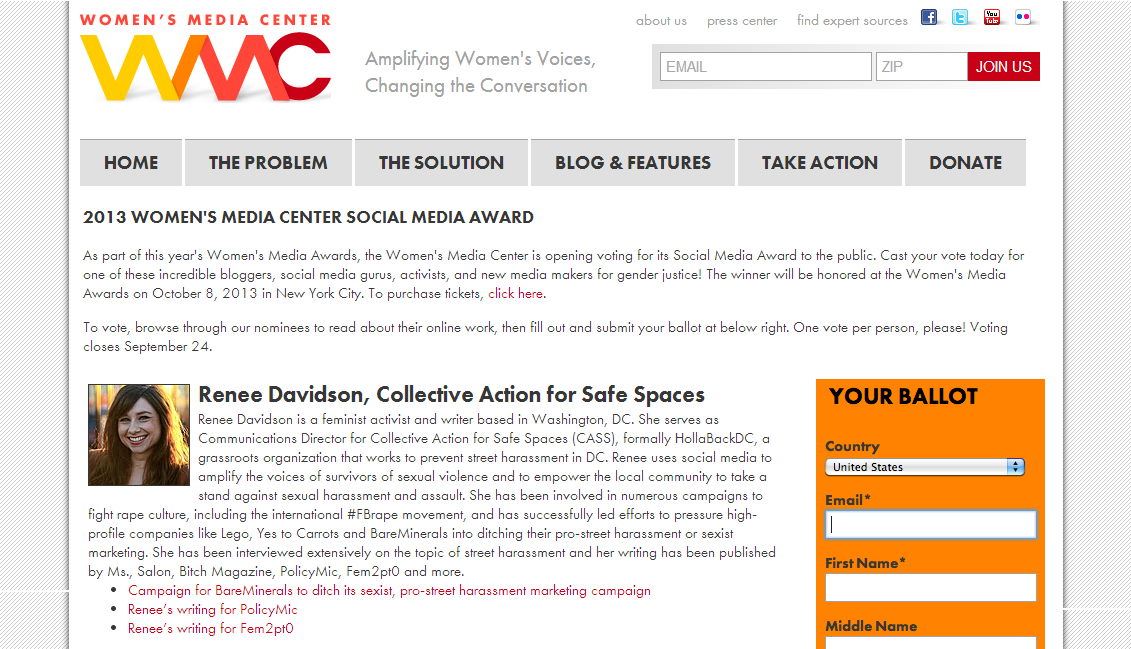 Renee Davidson, Collective Action for Safe Spaces, nominated for 2013 Women's Media Center Award
